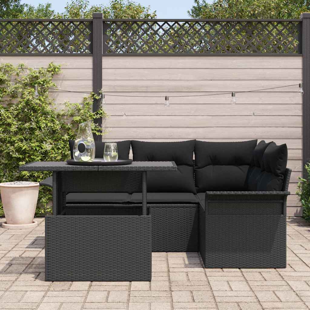 Garten-Sofa-Set mit Kissen 5 pcs Schwarz Poly Rattan