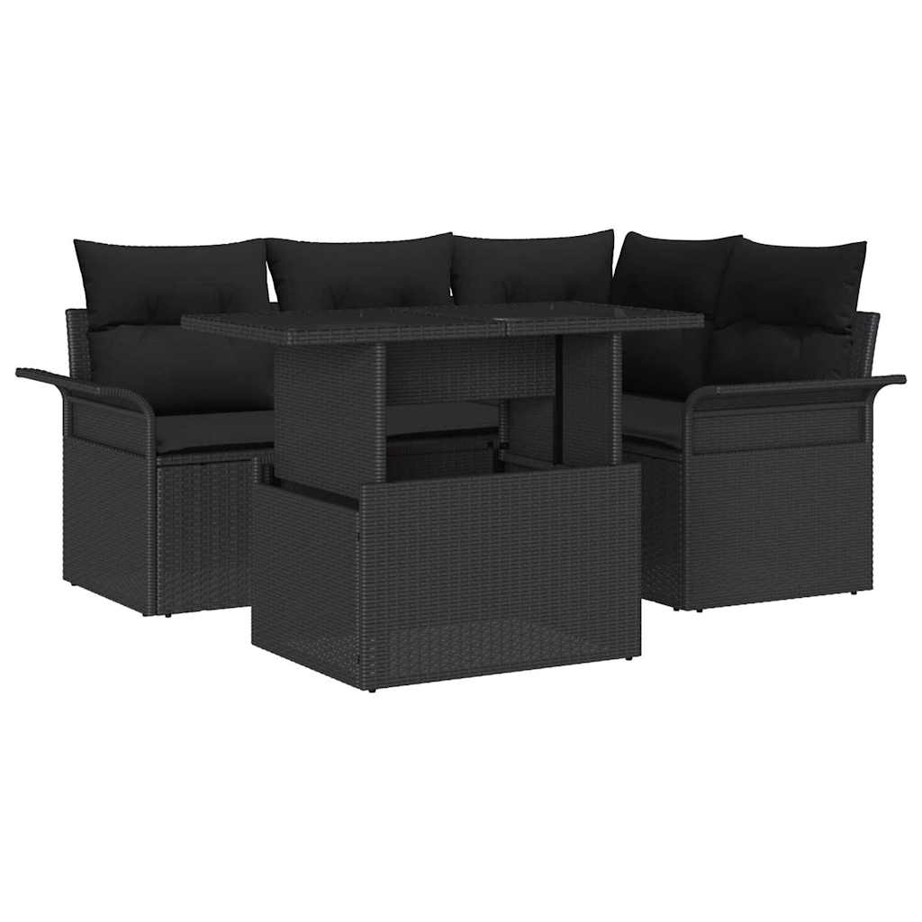 Garten-Sofa-Set mit Kissen 5 pcs Schwarz Poly Rattan