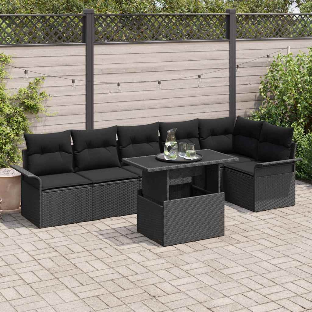 Gartensofa-set mit Kissen 7 pcs Schwarz Poly-Rattan