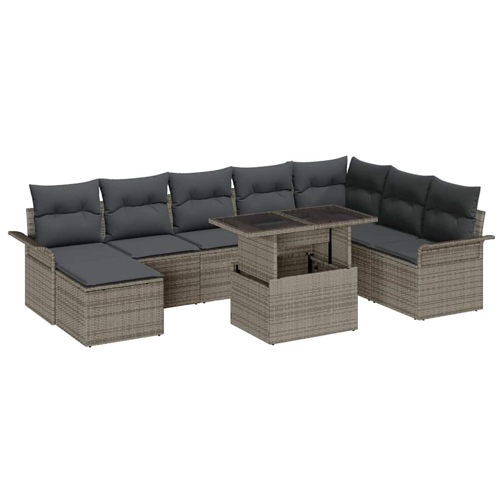 Sofa Set mit Kissen 9 pcs Grau Poly-Rattan