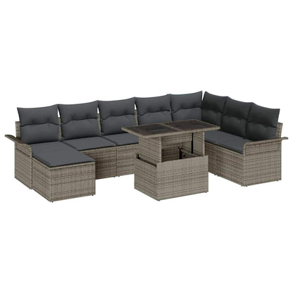 Sofa Set mit Kissen 9 pcs Grau Poly-Rattan