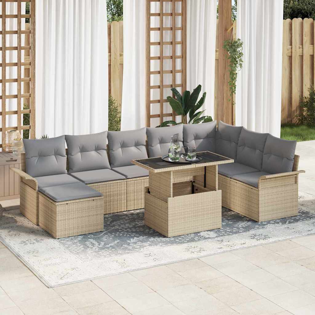 Sofa Set mit Kissen 9 pcs Beige Poly-Rattan