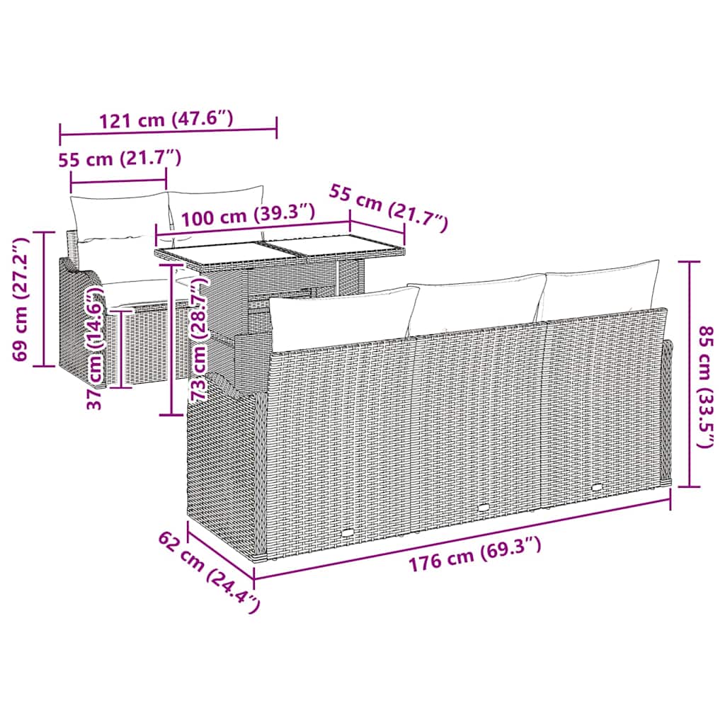 Gartensofa-set mit Kissen 6 pcs Braun Poly-Rattan