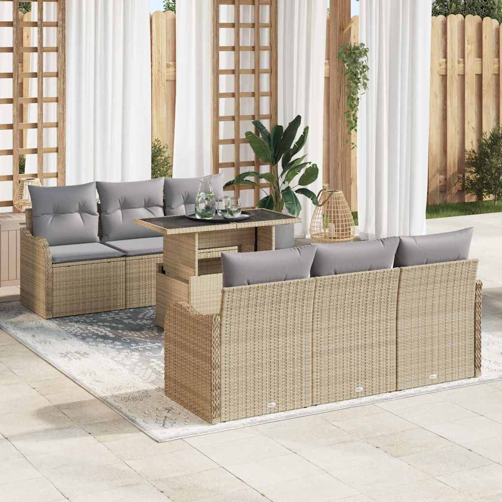 Gartensofa-set mit Kissen 7 pcs Beige Poly-Rattan