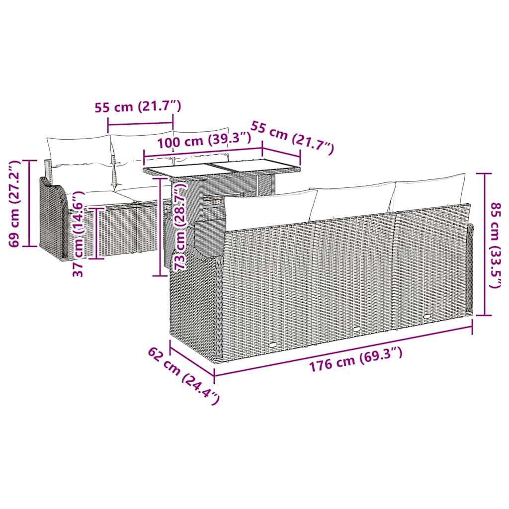 Gartensofa-set mit Kissen 7 pcs Beige Poly-Rattan