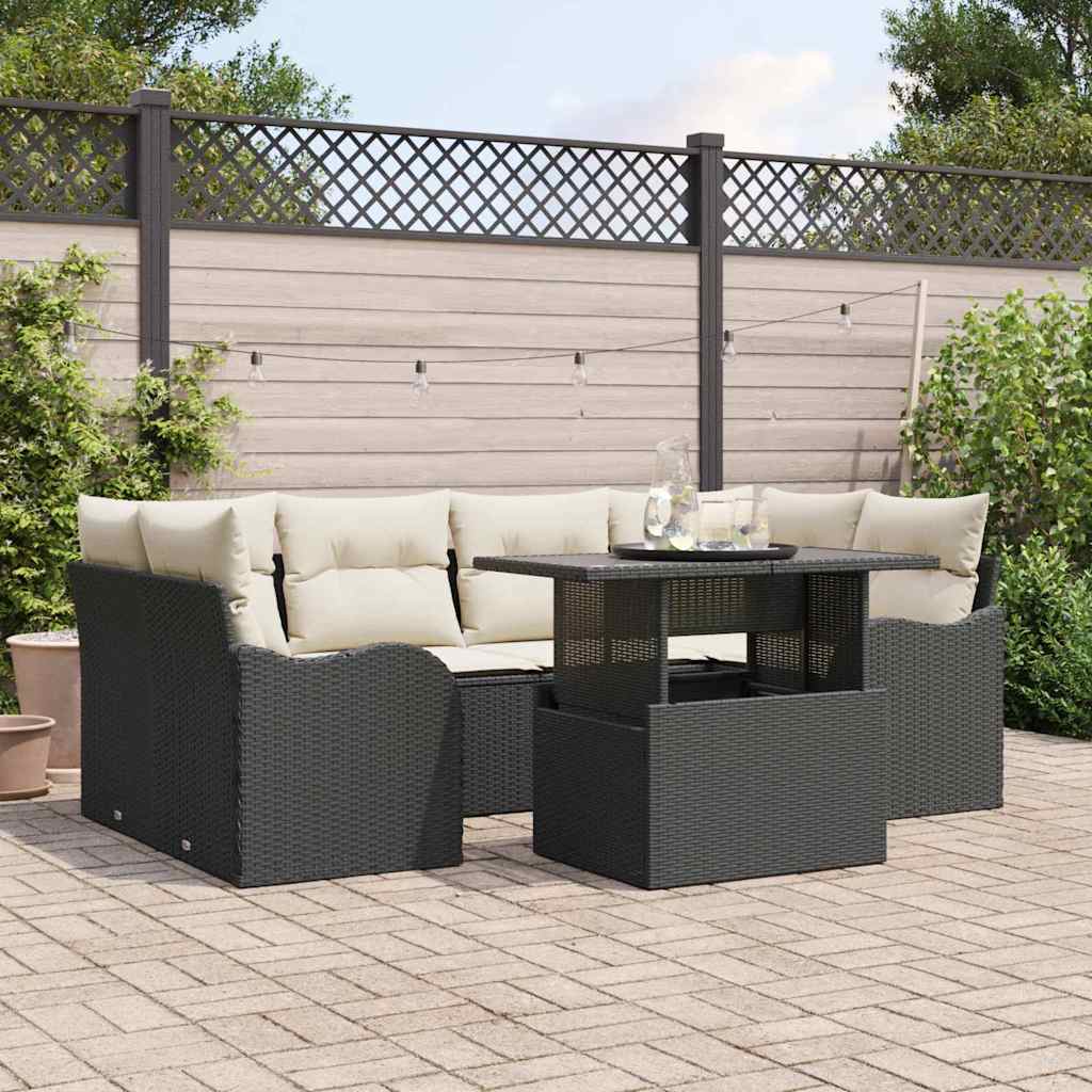 Gartensofa-set mit Kissen 7 pcs Schwarz Poly-Rattan
