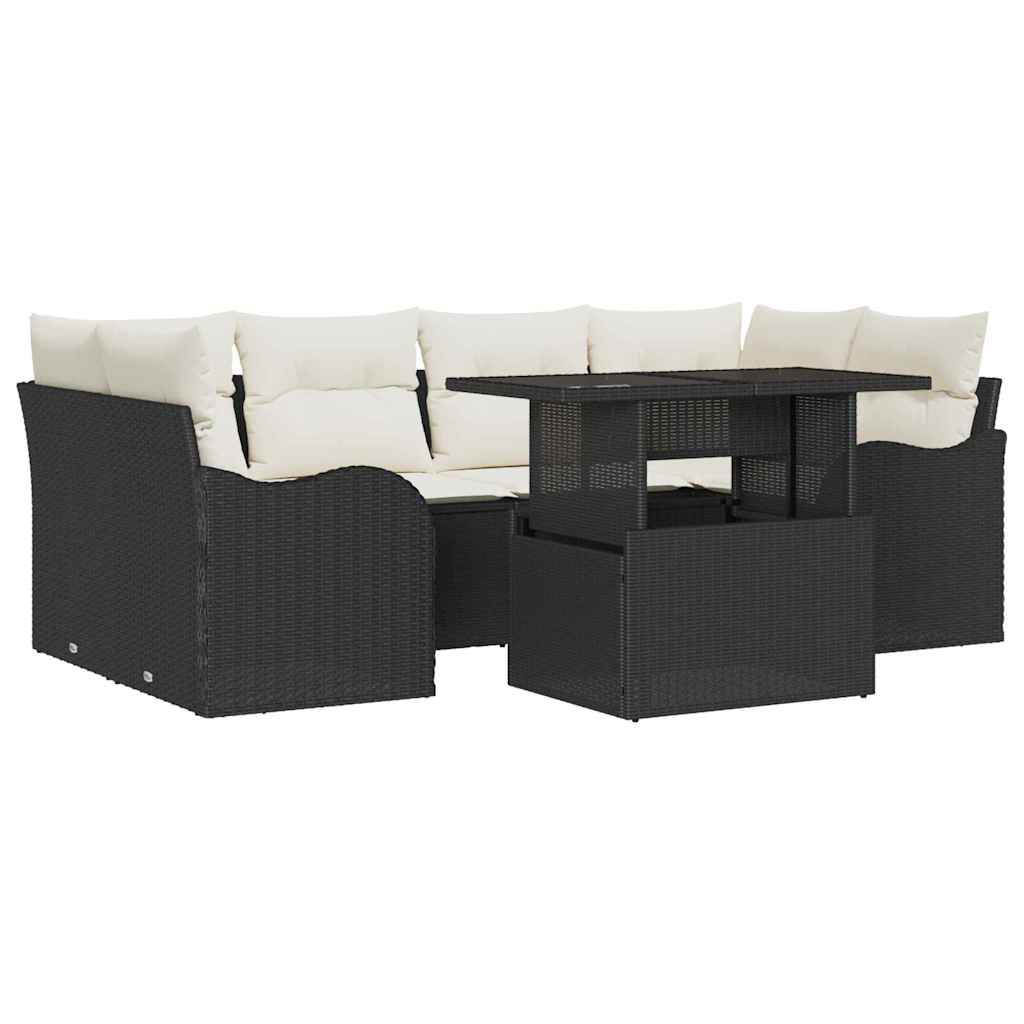 Gartensofa-set mit Kissen 7 pcs Schwarz Poly-Rattan