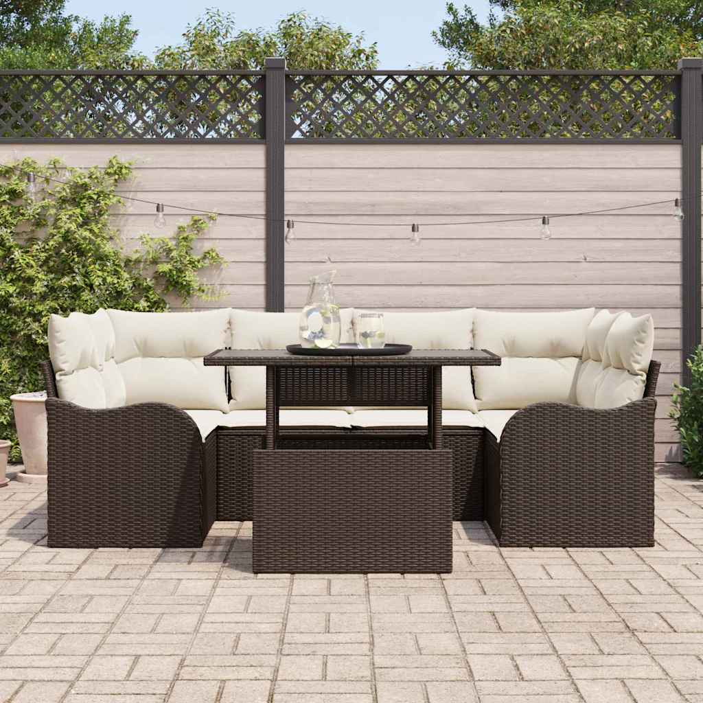 Gartensofa-set mit Kissen 7 pcs Braun und Creme Poly-Rattan