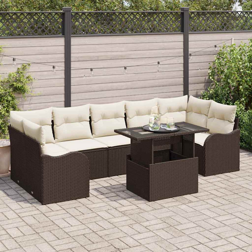 Gartensofa-set mit Kissen 8 pcs Braun und Creme Poly-Rattan