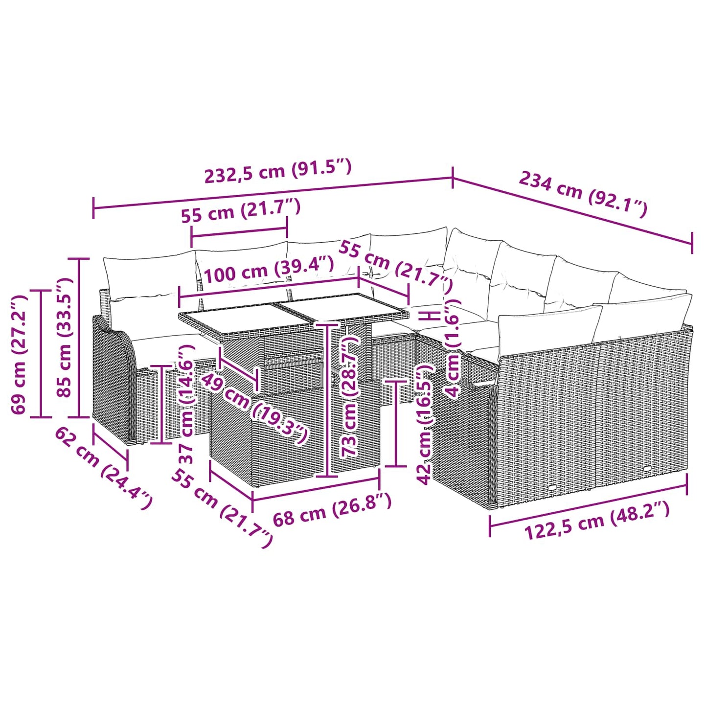 Gartensofa-set mit Kissen 9 pcs Braun Poly-Rattan
