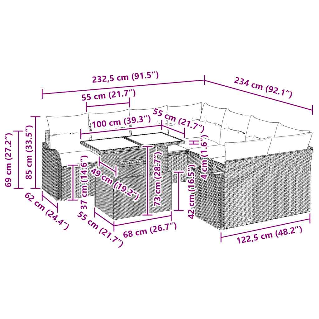 Gartensofa-set mit Kissen 9 pcs Beige Poly-Rattan