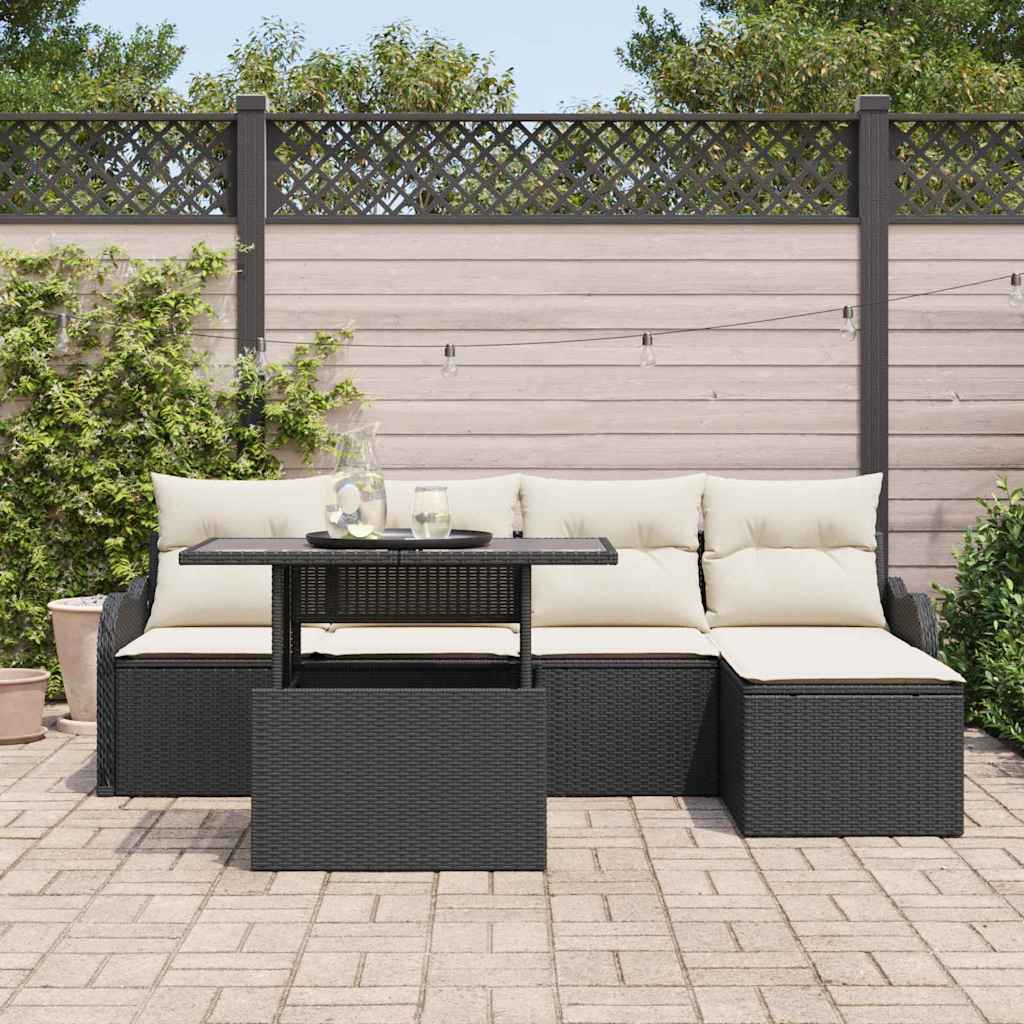 Sitzgruppe für den Outdoor mit Kissen 6 pcs Schwarz Poly Rattan