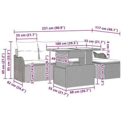 Sitzgruppe für den Outdoor mit Kissen 6 pcs Schwarz Poly Rattan