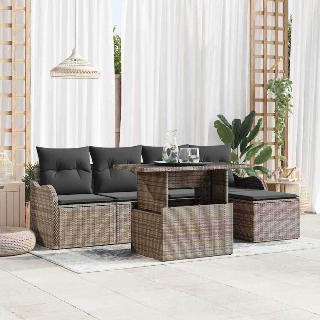 vidaXL Sitzgruppe für den Outdoor mit Kissen 6 pcs Grau Poly Rattan