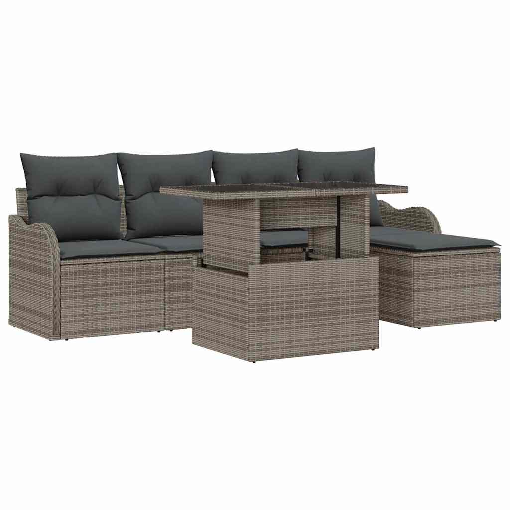 vidaXL Sitzgruppe für den Outdoor mit Kissen 6 pcs Grau Poly Rattan