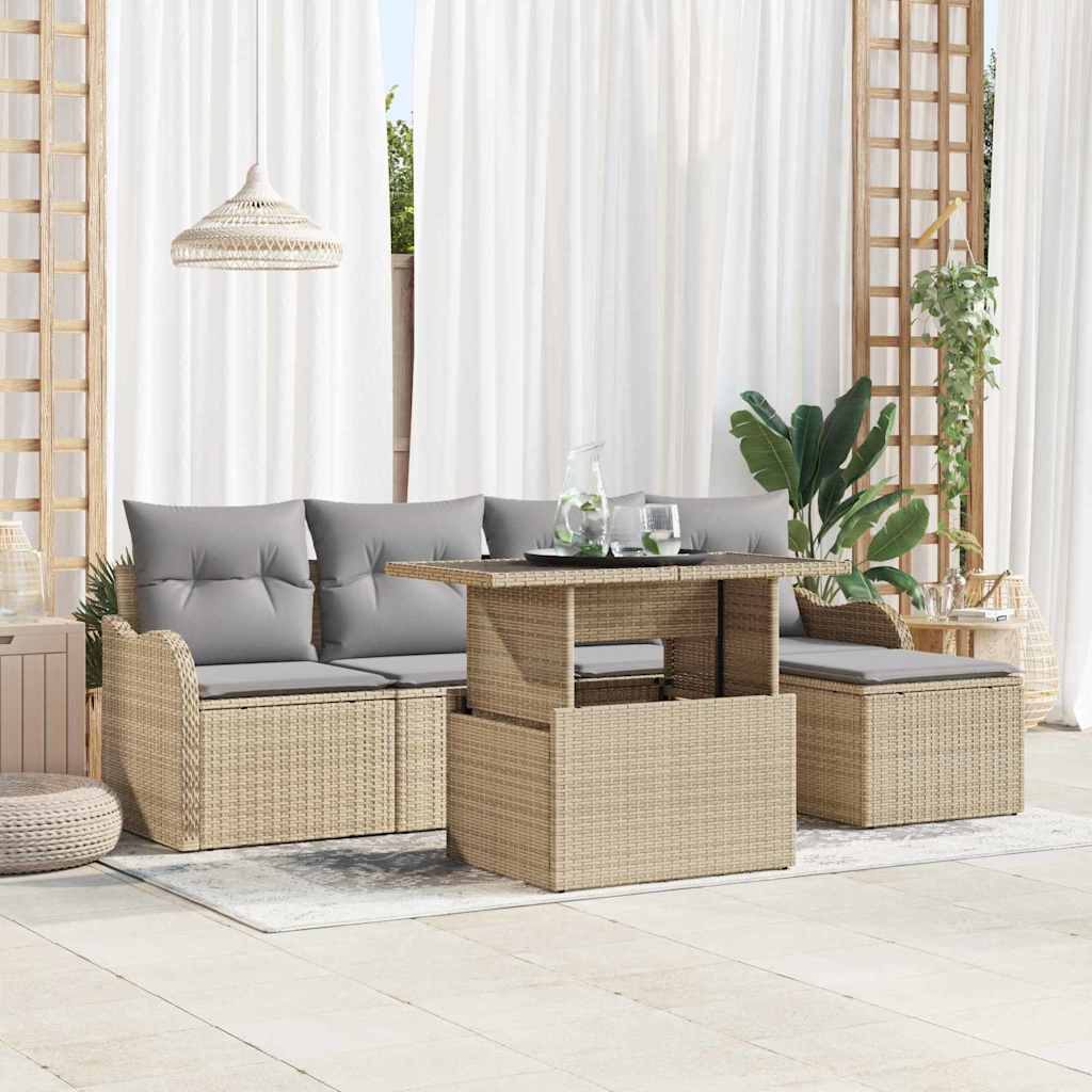 vidaXL Sitzgruppe für den Outdoor mit Kissen 6 pcs Beige Poly Rattan