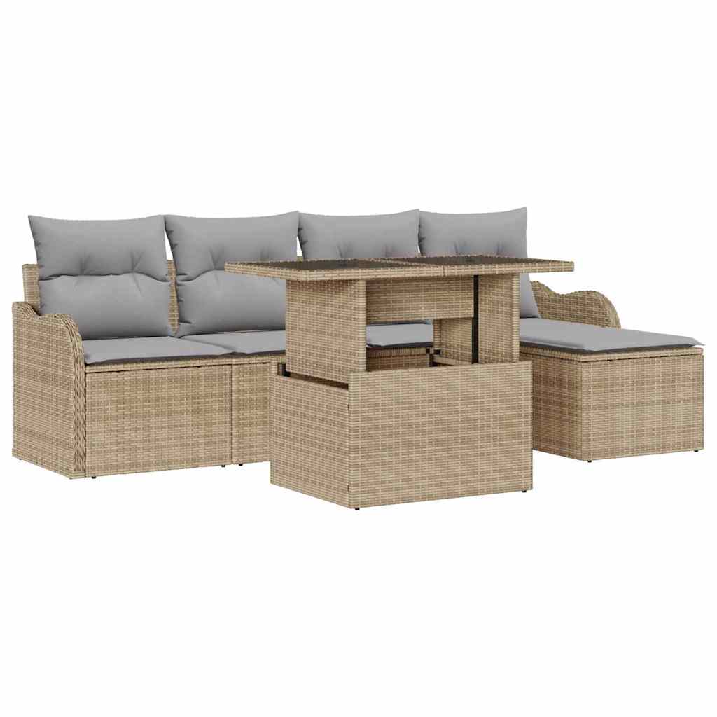 vidaXL Sitzgruppe für den Outdoor mit Kissen 6 pcs Beige Poly Rattan
