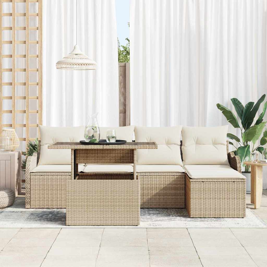 vidaXL Sitzgruppe für den Outdoor mit Kissen 6 pcs Beige Poly Rattan