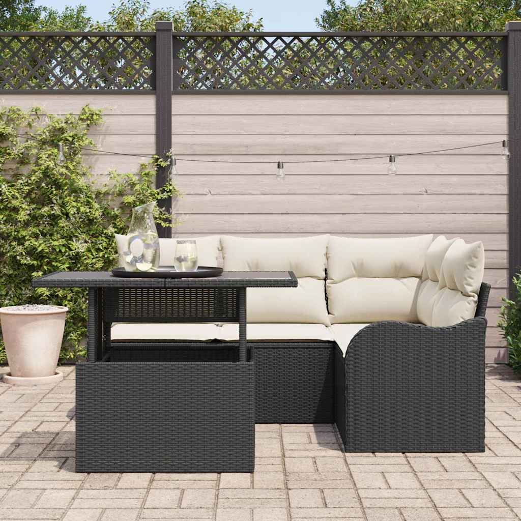 Outdoortisch-Set mit Kissen 5 pcs Schwarz Poly Rattan