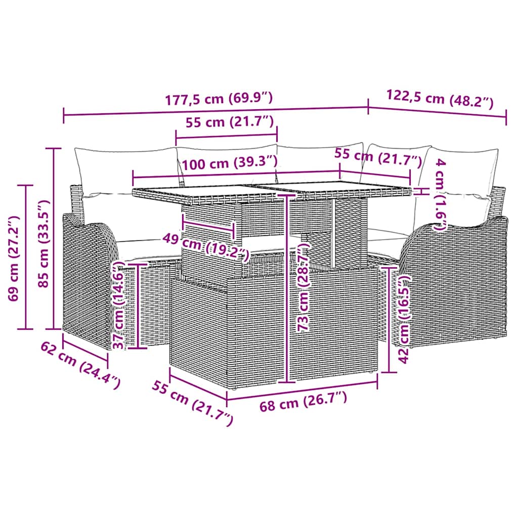 Outdoortisch-Set mit Kissen 5 pcs Braun Poly Rattan