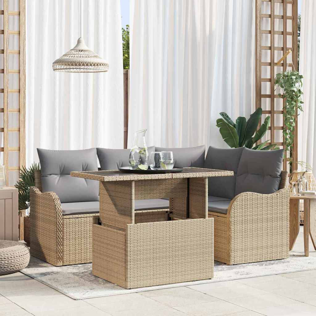 Outdoortisch-Set mit Kissen 5 pcs Beige Poly Rattan