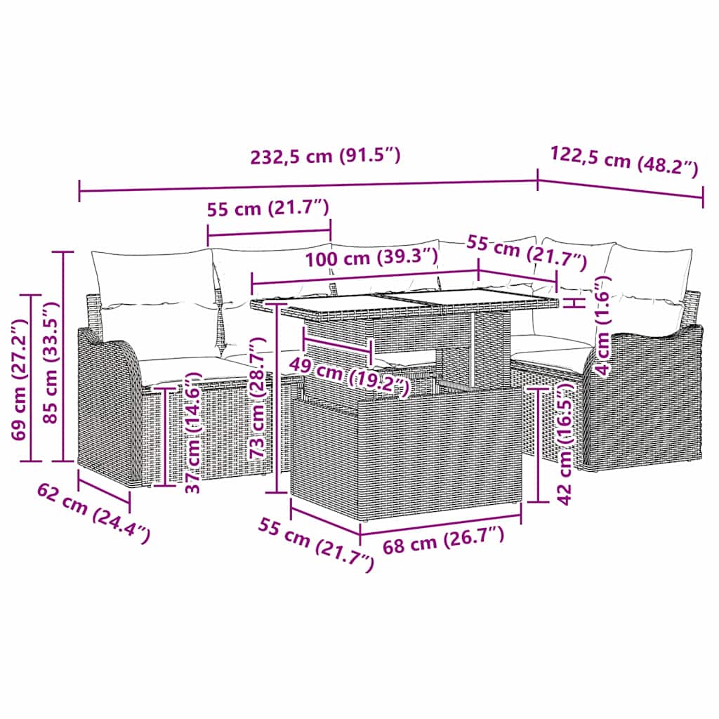 vidaXL Salle à manger avec coussins 6 pcs Beige Rotin PE
