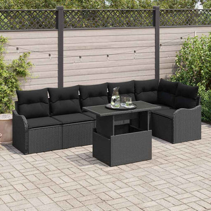 Sofa Set mit Kissen 7 pcs Schwarz Poly Rattan