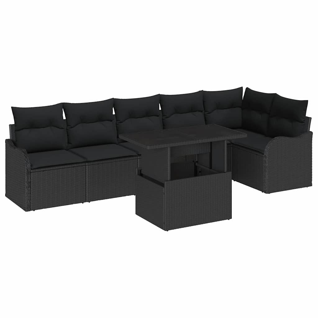 Sofa Set mit Kissen 7 pcs Schwarz Poly Rattan