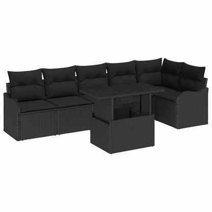 Sofa Set mit Kissen 7 pcs Schwarz Poly Rattan