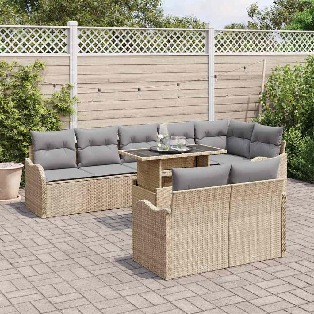 Lounge-Set mit Kissen 9 pcs Beige Poly Rattan