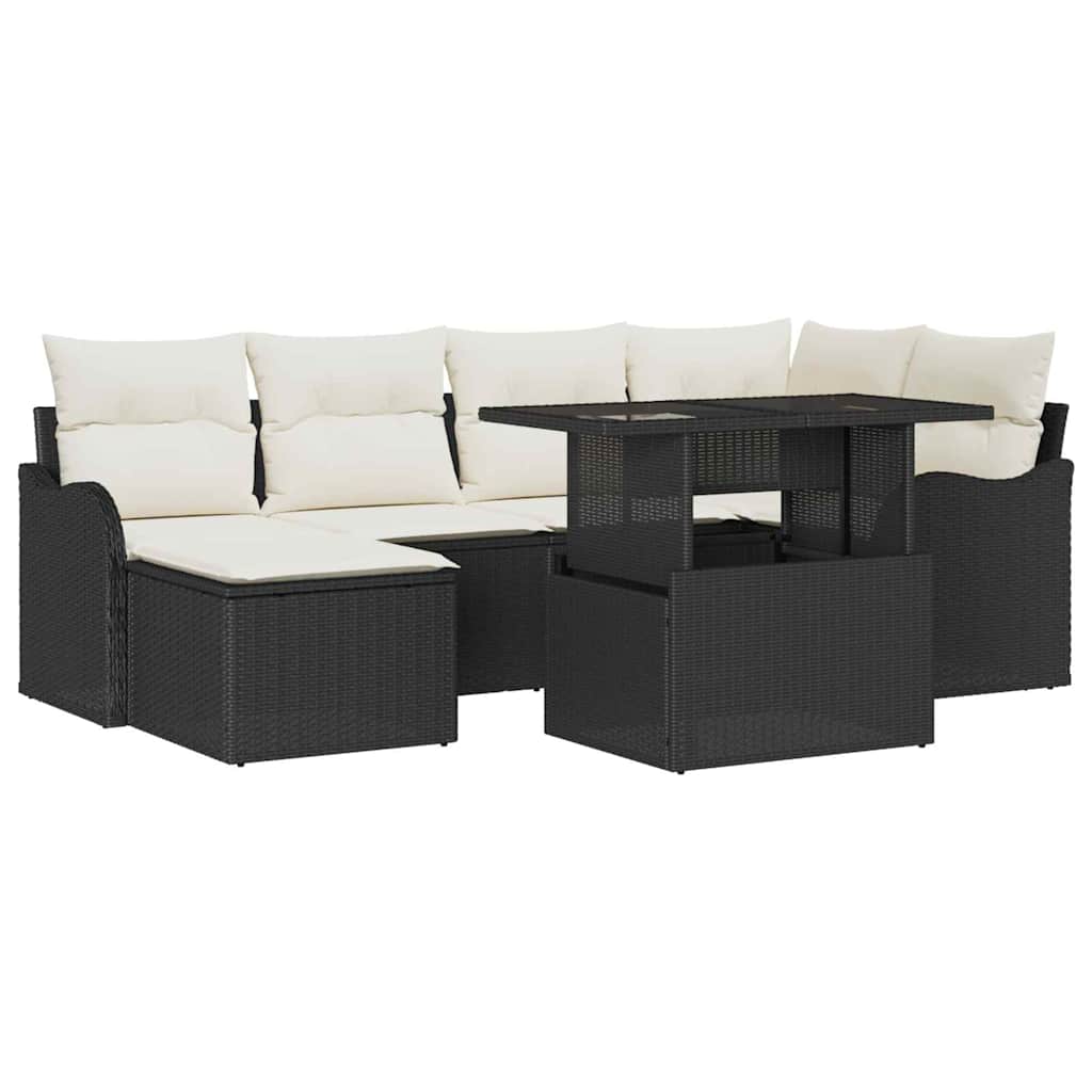 Garten-Sofa-Set mit Kissen 7 pcs Schwarz Poly Rattan