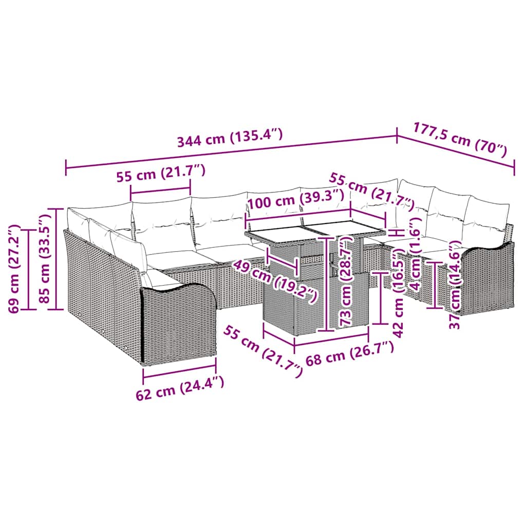 Gartensofa-set mit Kissen 11 pcs Grau Poly Rattan