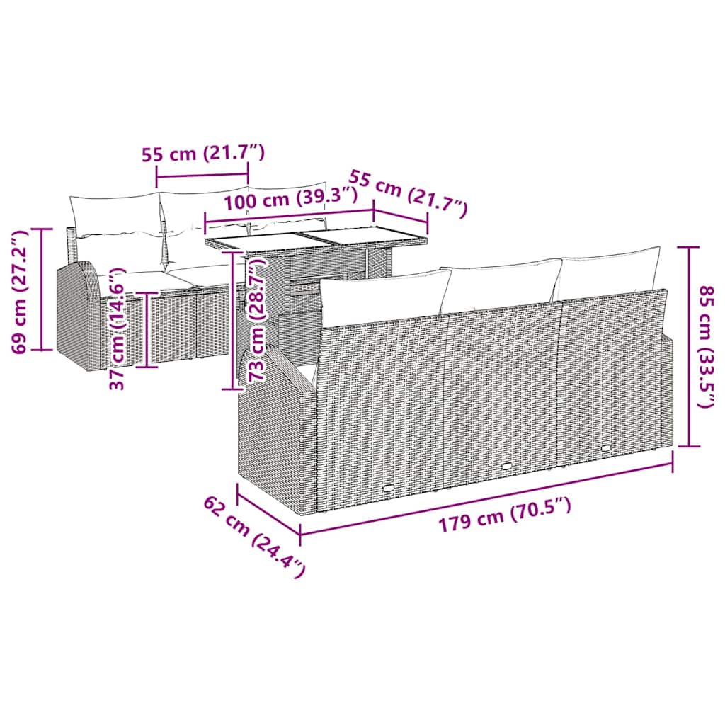 Gartensofa-set mit Kissen 7 pcs Schwarz Poly Rattan