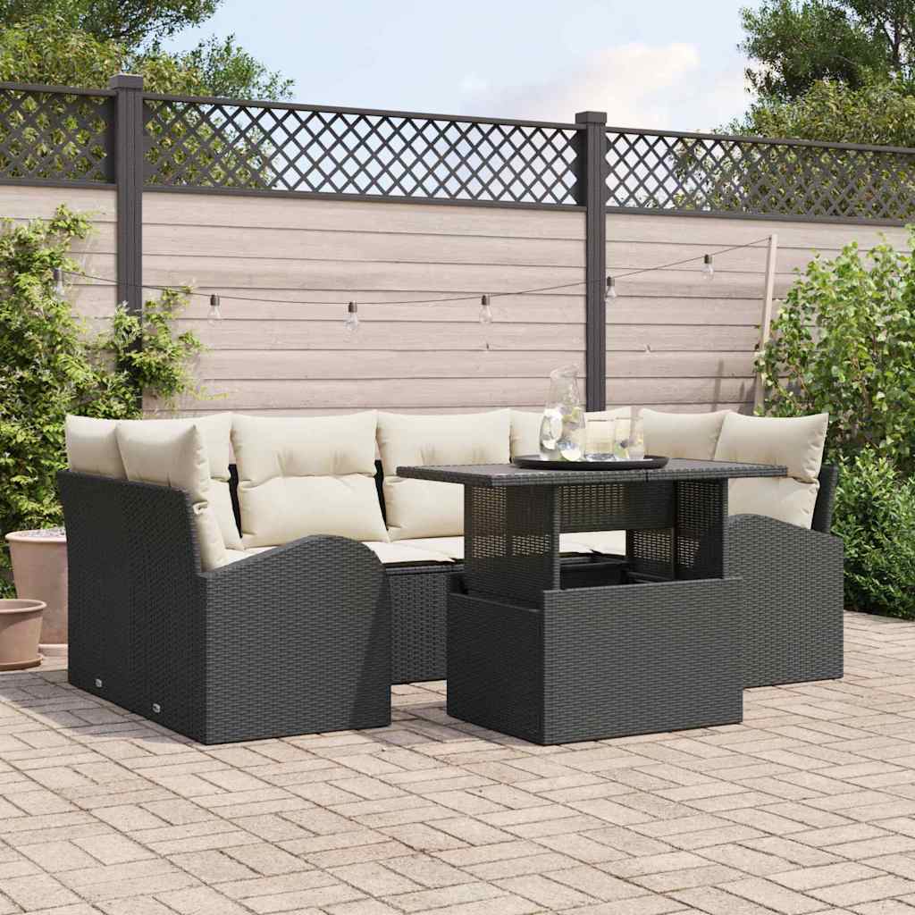 Gartensofa-set mit Kissen 7 pcs Schwarz Poly Rattan