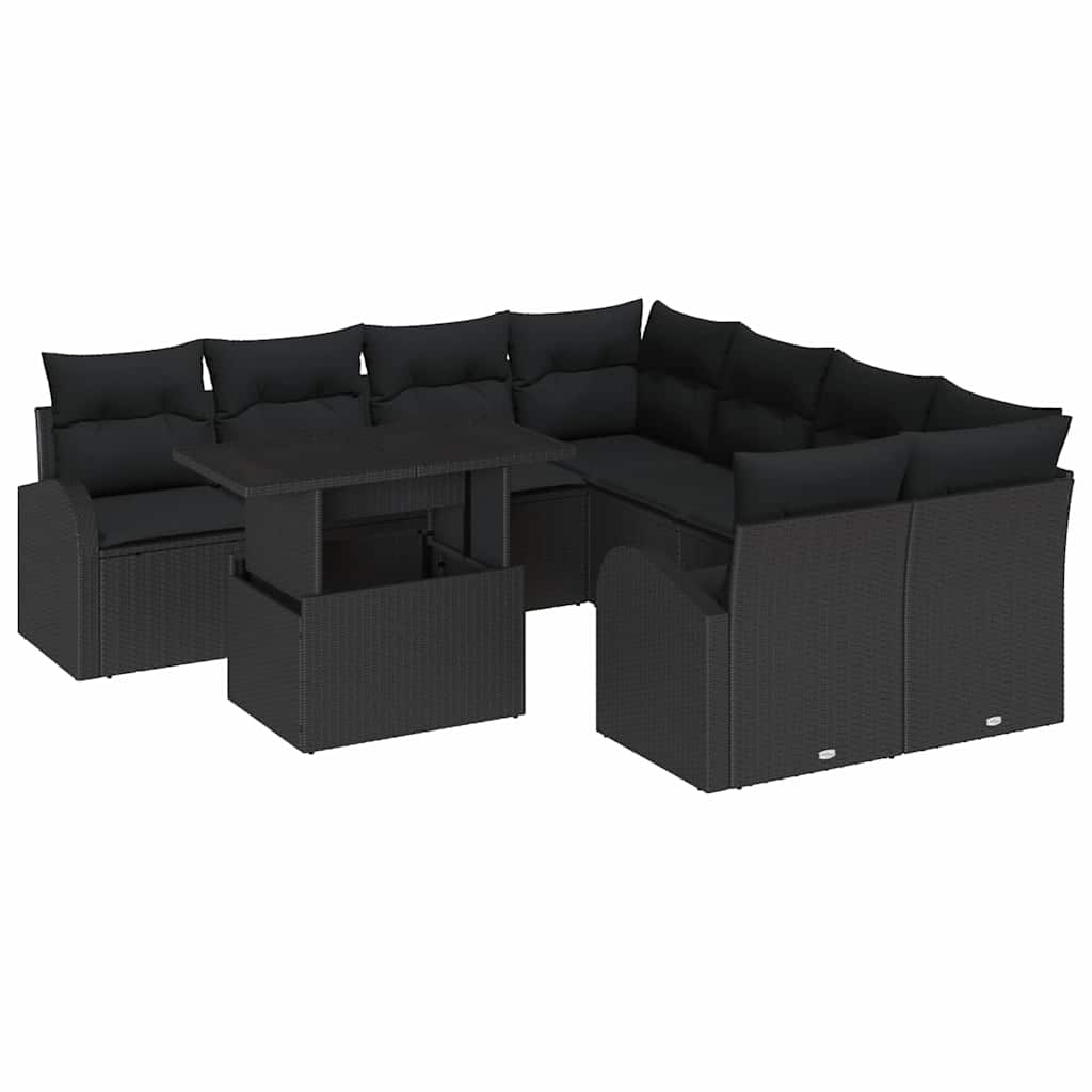 Gartensofa-set mit Speicher 9 pcs Schwarz Poly-Rattan