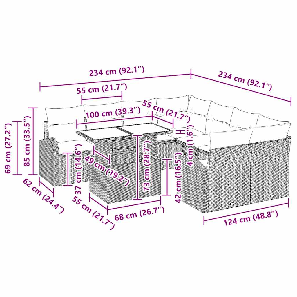 Gartensofa-set mit Speicher 9 pcs Schwarz Poly-Rattan