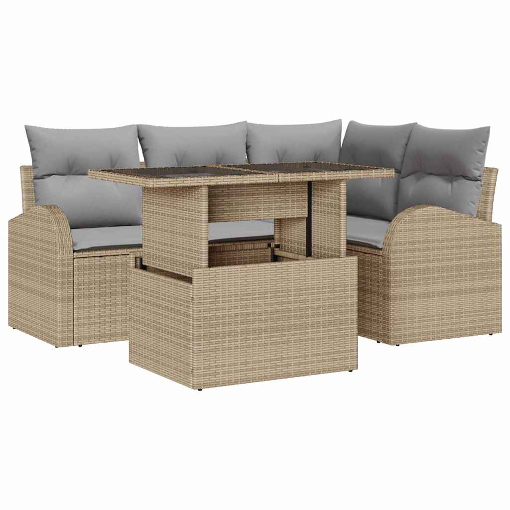 Garten-Sofa-Set mit Kissen 5 pcs Beige Poly-Rattan