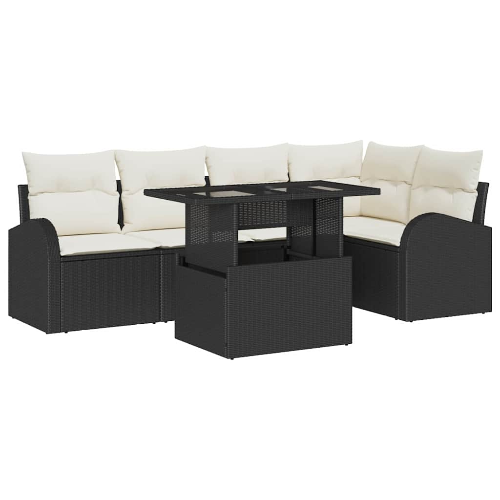 Gartensofa-set mit Speicher 6 pcs Schwarz und Creme Poly-Rattan