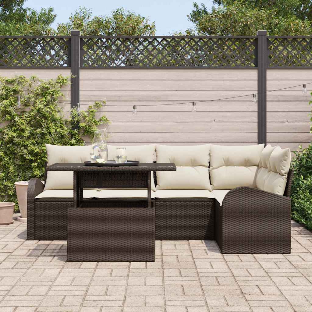 Gartensofa-set mit Speicher 6 pcs Braun und Creme Poly-Rattan