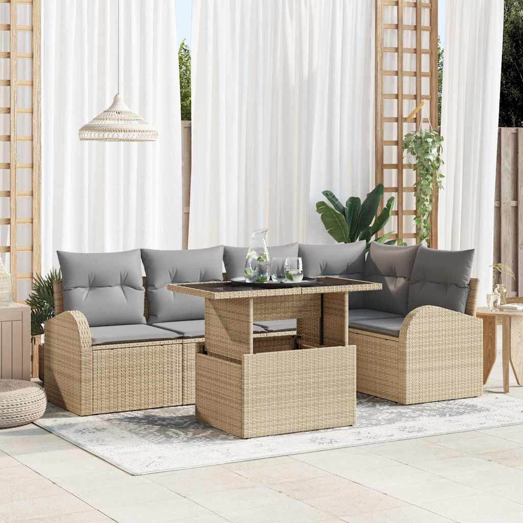 Gartensofa-set mit Kissen 6 pcs Beige und Hellgrau Poly-Rattan