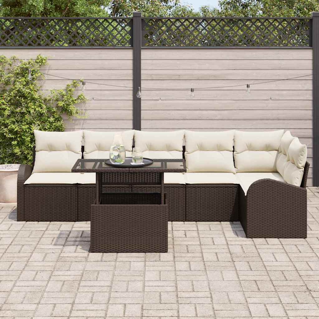 Garten-Sofa-Set mit Kissen 7 pcs Braun und Creme Poly-Rattan