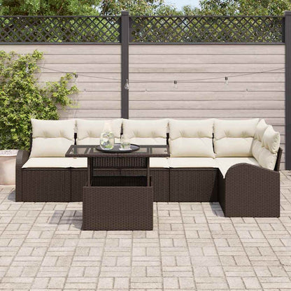 Garten-Sofa-Set mit Kissen 7 pcs Braun und Creme Poly-Rattan