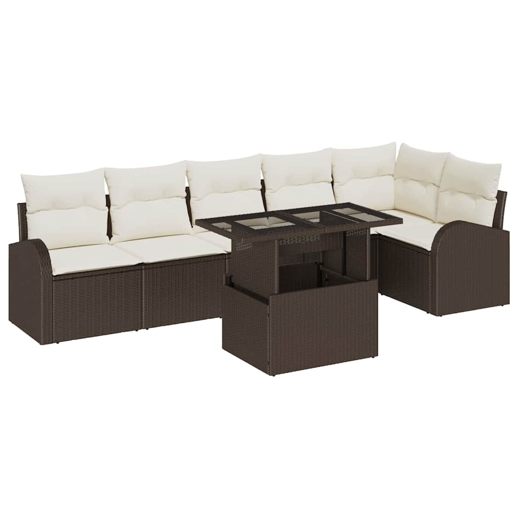 Garten-Sofa-Set mit Kissen 7 pcs Braun und Creme Poly-Rattan
