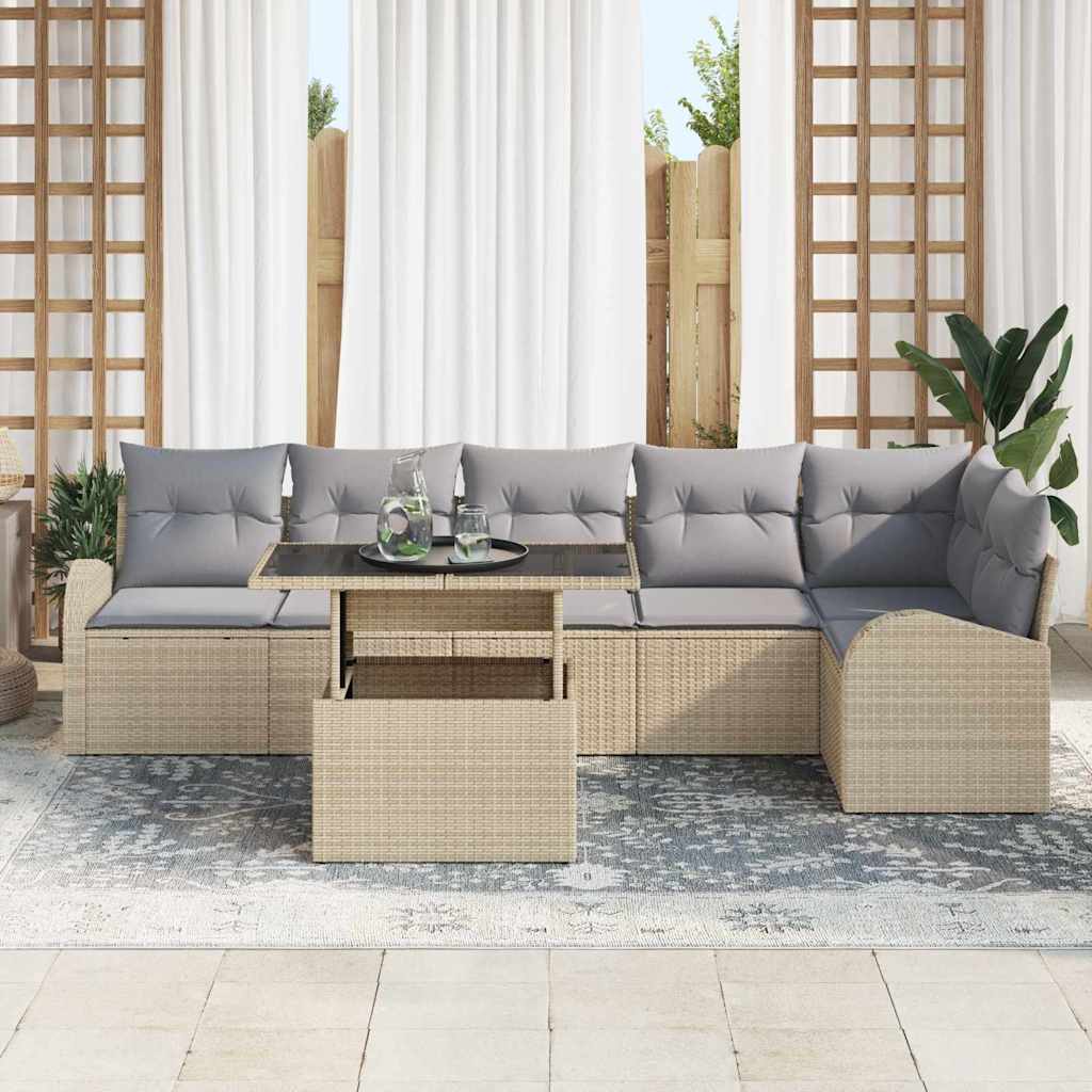 Garten-Sofa-Set mit Kissen 7 pcs Beige und Hellgrau Poly-Rattan