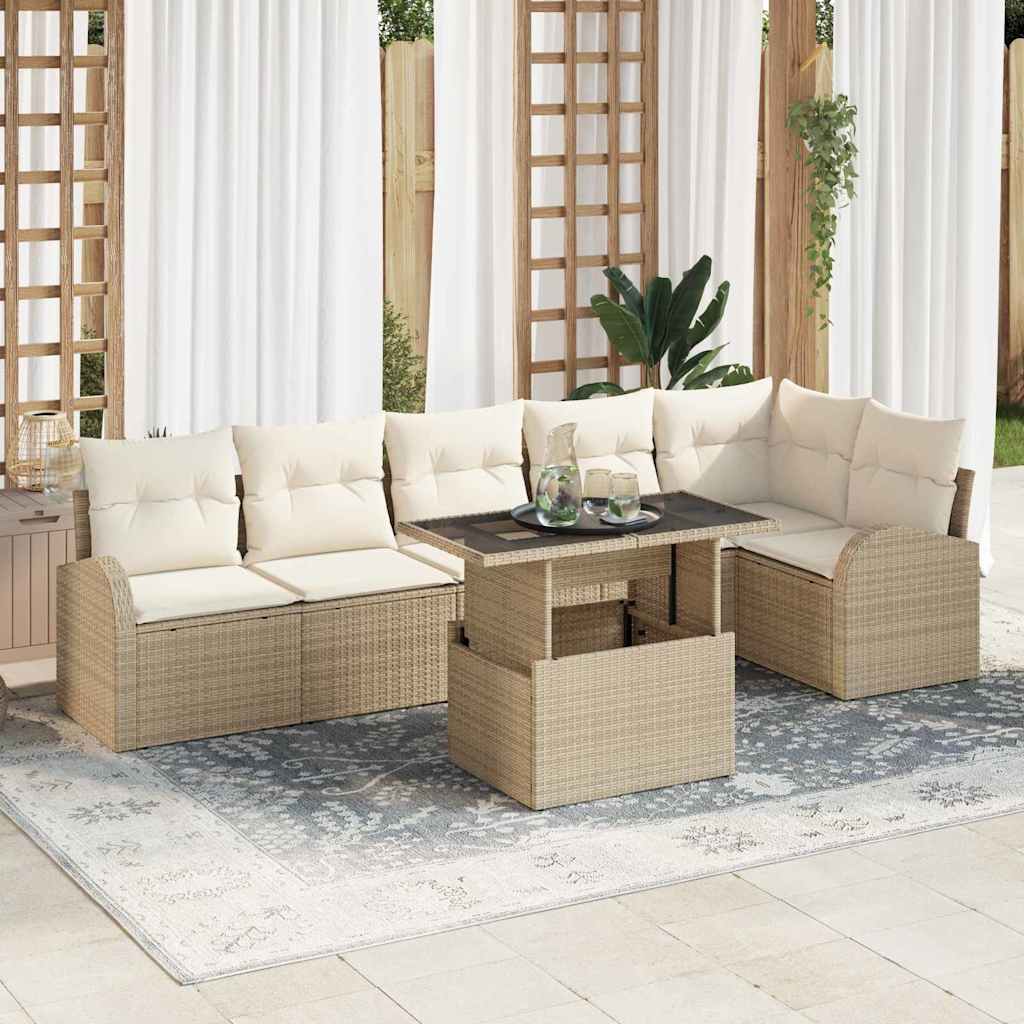 Garten-Sofa-Set mit Kissen 7 pcs Beige und Creme Poly-Rattan
