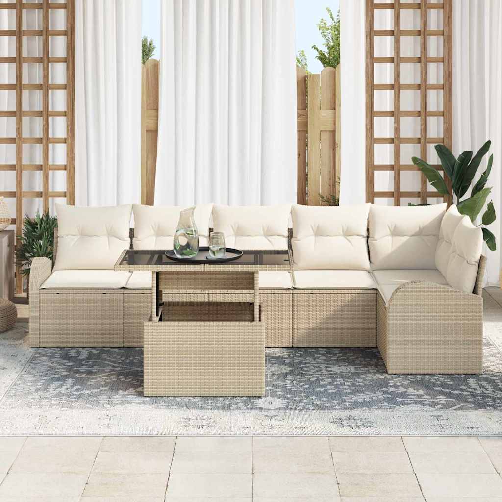 Garten-Sofa-Set mit Kissen 7 pcs Beige und Creme Poly-Rattan