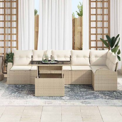 Garten-Sofa-Set mit Kissen 7 pcs Beige und Creme Poly-Rattan