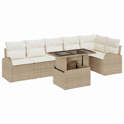 Garten-Sofa-Set mit Kissen 7 pcs Beige und Creme Poly-Rattan