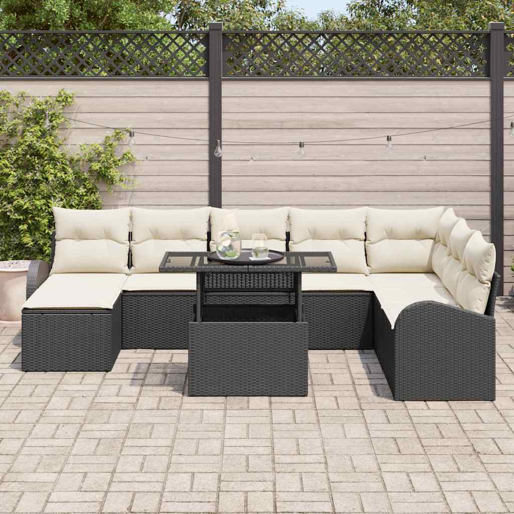 Garten-Sofa-Set mit Kissen 9 pcs Schwarz und Creme