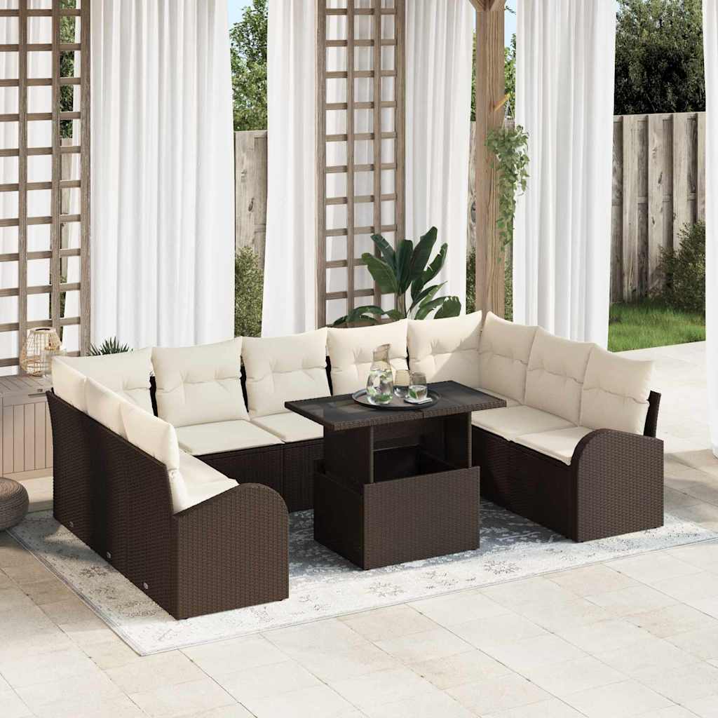 Gartensofa-set mit Speicher 10 pcs Braun und Creme Poly-Rattan